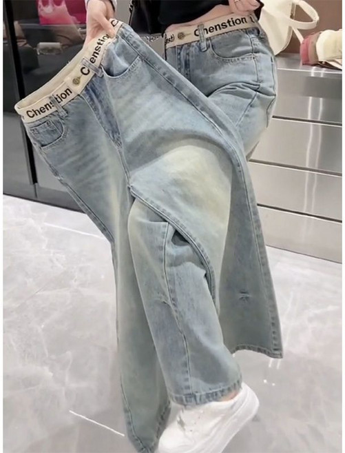 여성용 봄여름 스판 일자 청바지 하이웨스트 빅사이즈 자수 와이드 진