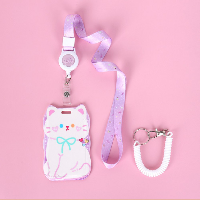리본 고양이 학생증 출입증 시간표 케이스 사원증 포카홀더 릴홀더 스트랩 + 스프링 스트랩 4종