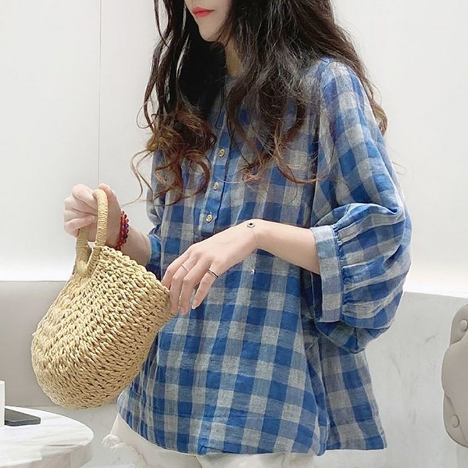 POMTOR 여름 여성 라운드넥 인형 셔츠 반팔 티셔츠 통근 루즈핏 브이넥 체크 아사 면 마 7부소매 블라우스