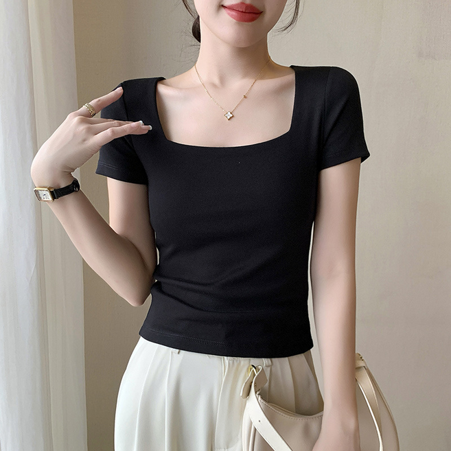봄 여름 여성용 슬림핏 슬리밍 스퀘어넥 티셔츠