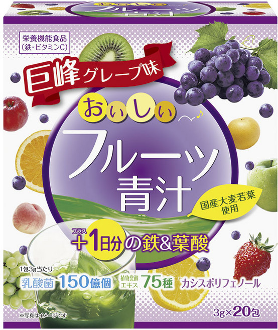 YUWA 1日份鐵&葉酸水果青汁 巨峰葡萄口味 20條入, 1盒, 60g