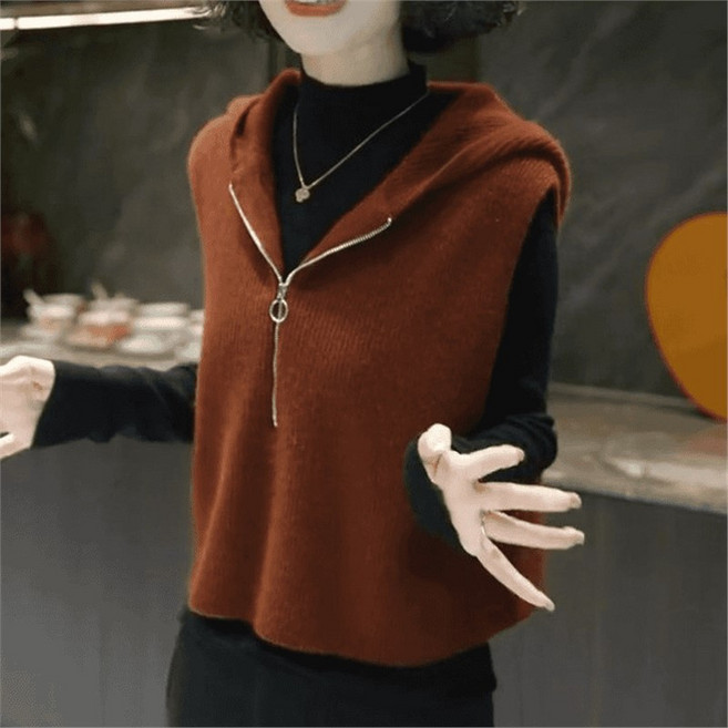 【慵懶顯瘦】針織馬甲 針織衫 毛衣 上衣 女裝 半拉鍊連帽設計 純色簡約 秋季內搭 寬鬆舒適 時尚疊穿