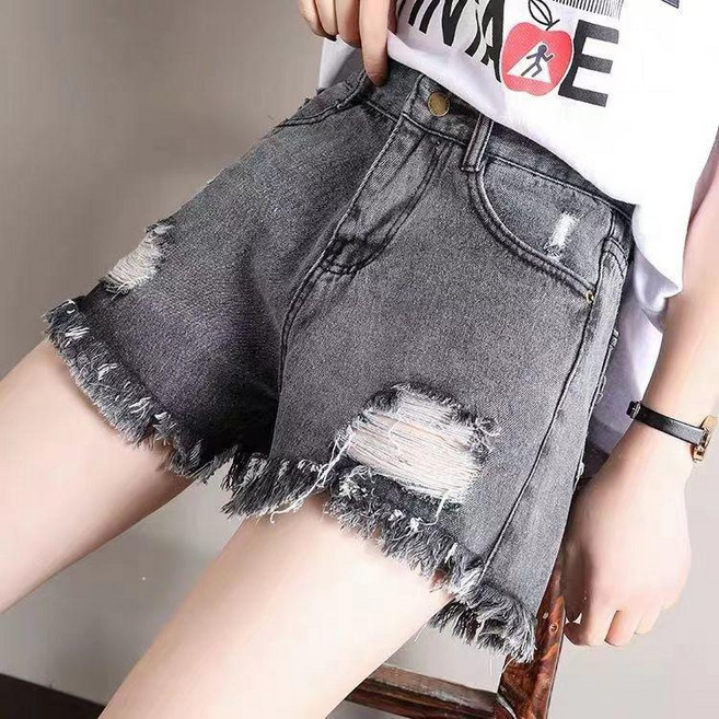 高腰牛仔短褲女 破損毛邊闊腿A字短褲
