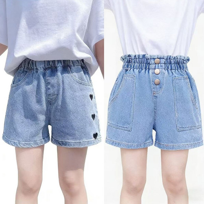 [특가 할인]IEDUOS주니어 여아 여름 청 반바지 2종세트 아동 가벼운 데님 반바지 초중학생 데님 숏팬츠