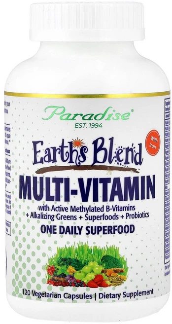 파라다이스허브 Earths Blend 원 데일리 슈퍼 푸드 종합비타민 철분 함유 베지 캡슐 120정, 1개 - 쿠팡