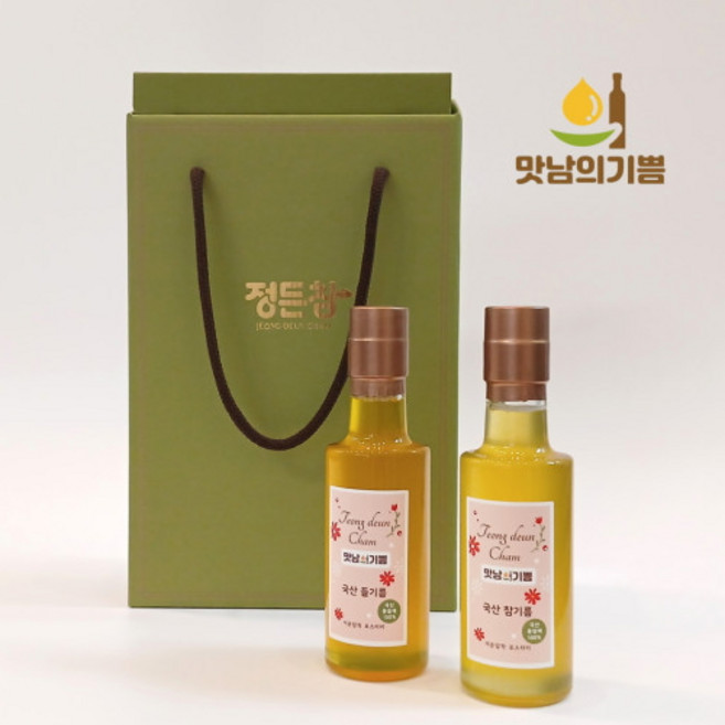 맛남의기쁨 국산100% 저온압착 참기름 180ml 냉압착 들기름 180ml 선물세트, 1세트