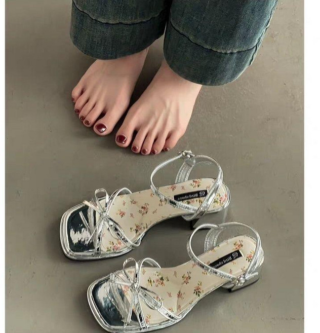 法式羅馬露趾一字帶涼鞋女夏季新款, 銀色,37