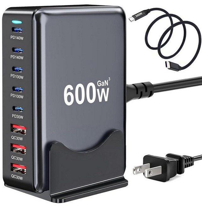320W USB C 충전기 블록 멀티 포트 고속 충전 스테이션 듀얼 PD 100W GaN Ⅲ 여러 장치용 맥북 델 아이패드 아이폰 삼성 등과 호환되는 노트북 어댑터, Black-600W