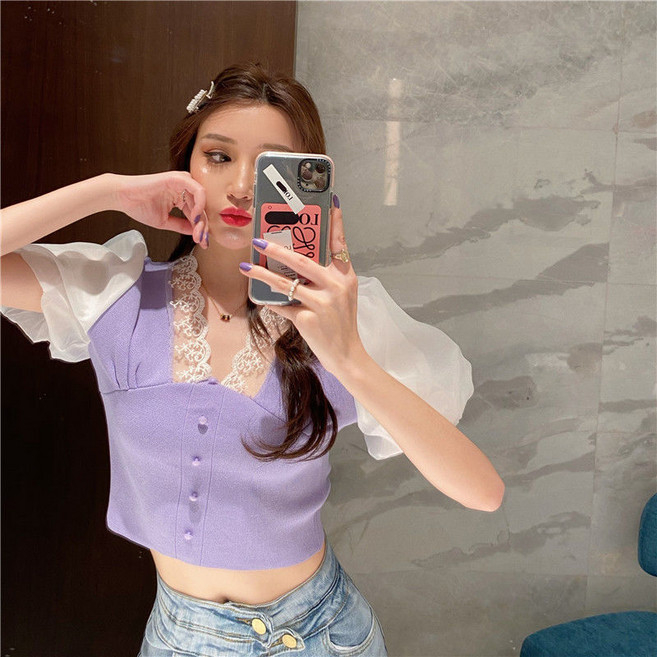 미중 여성 여름 뉴 섹시 레이스 블록 얇은 니트 하이웨스트 크롭 히트 냉장고 망사 슬림핏 퍼프 반팔 cxyf