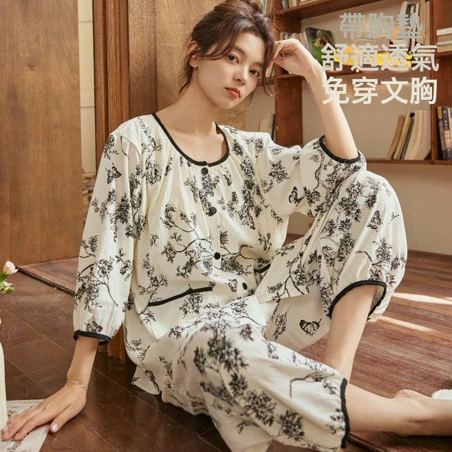 春秋季睡衣女帶胸墊防凸點夏季甜美七分袖寬鬆薄款九分褲家居服