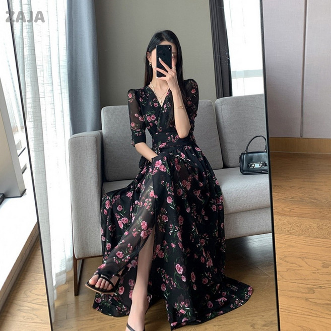 ZAJA 여성 여름 프린트 원피스 브이넥 미디 기장