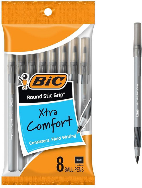 BIC 원형 스틱 그립 엑스트라 컴포트 중형 1.2 mm 볼펜 블랙 8개 세트, BIC 원형 스틱 그립 엑스트라 컴포트 중형 1.2 m