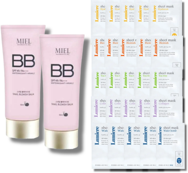 미엘 스네일 블레미쉬비비 50ml 2개 SPF49+ PA+++(시트팩20매), 50g, 블래미쉬밤