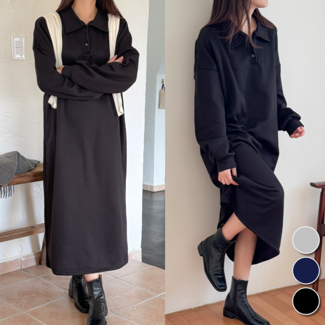 핏몬 여성 기모 루즈핏 포근 카라넥 롱 원피스