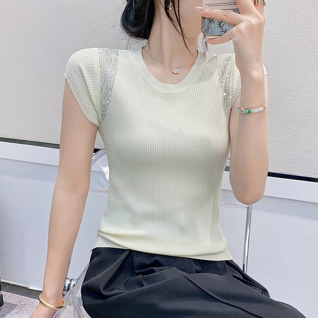 여성용 라운드 핫픽스 반팔 티 슬림 니트 티셔츠+ Women's T-shirt