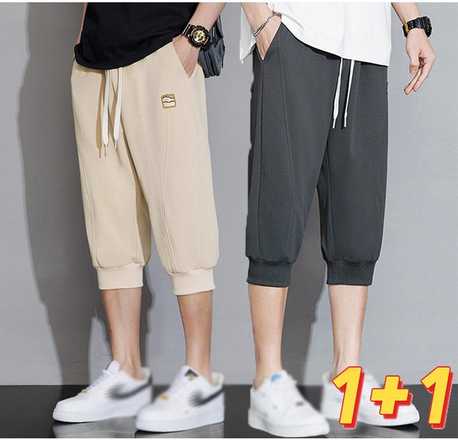 1+1 남성 크롭 조거팬츠 여름 와이드핏 밴딩 얇은 경량 스트릿 데일리 7부 바지