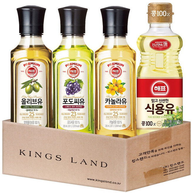 해표 식용유250ml+해표 카놀라유250ml+해표 포도씨유250ml+해표 올리브유250ml, 1세트, 250ml