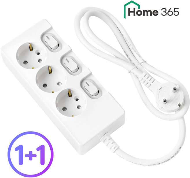 1+1 홈365 국산 개별멀티탭 3구 멀티탭 0.7m 1.5m 3m 5m 7m 10m / 16A 멀티콘센트, 개별스위치 3구 화이트, 2개