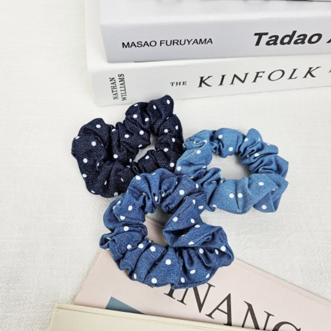 무이토린다 [3개 세트] 미니 도트 데님 작은 곱창머리끈