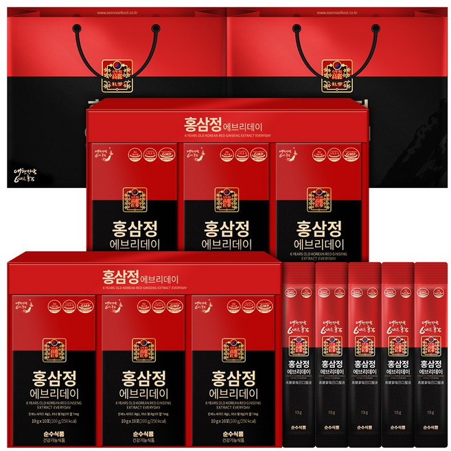 순수식품 6년근 홍삼정 홍삼 스틱 2박스(60포)+쇼핑백 면역력, 300g, 2개