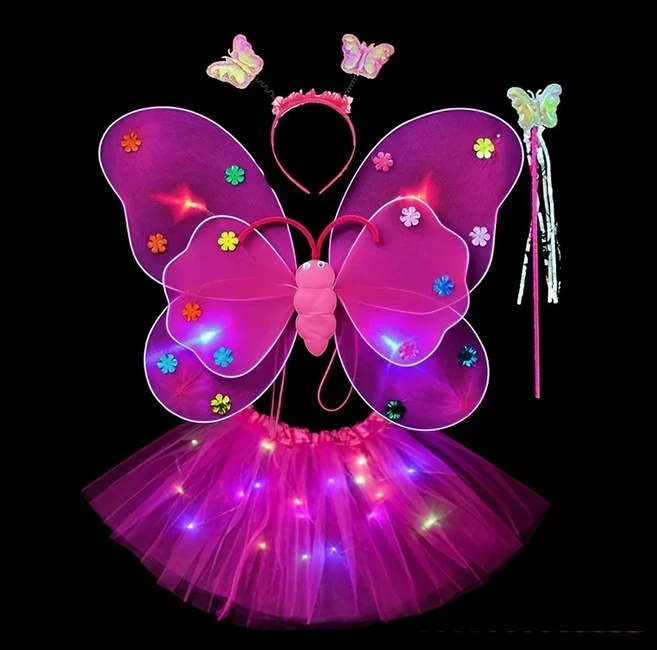 Led 깜박이는 빛 요정 나비 날개 지팡이 머리띠 의상 장난감 반짝 라이트 업 세트 코스프레 생일 파티, 01 Rose Color