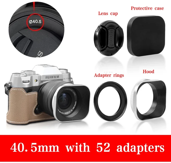 Fujifilm XF/XC 35mm f1.4 Nikon Z40se 렌즈 구경 37/39/40.5/43/46/49mm 용 사각형 빈티지 금속 후드, 07 40.5-52-Silver, 01 빠른