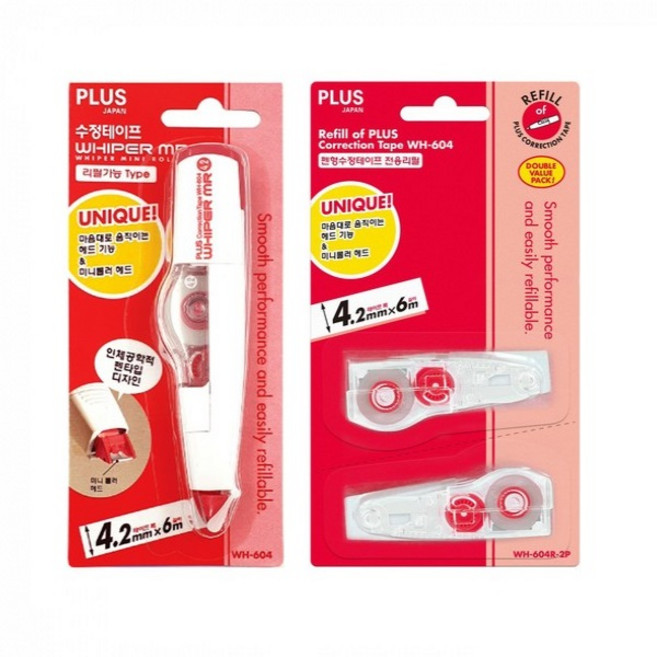 더주니 플러스 수정테이프 화이퍼 MR WH-604 (본체+리필) 세트, 1세트, 레드 본품 1개 + 리필 1개