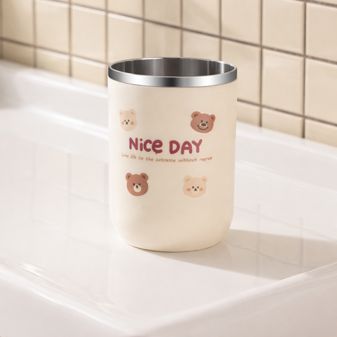 풀리니스 베이지 곰돌이 스테인레스 양치컵, 1개