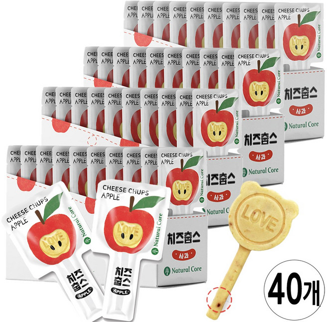 네츄럴코어 강아지/고양이 간식 치즈춥스(사과/딸기), 640g, 1세트, 치즈춥스 40P(사과)+덴탈껌2p