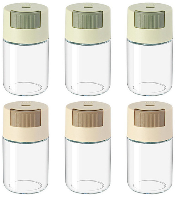 투데이리빙 6개입 세트 원터치 조미료통 소금 후추 설탕 가루 뿌리는 정량 분사 그린+베이지 양념통 가정용 업소용 조미료 보관 양념병, 6개, 100ml