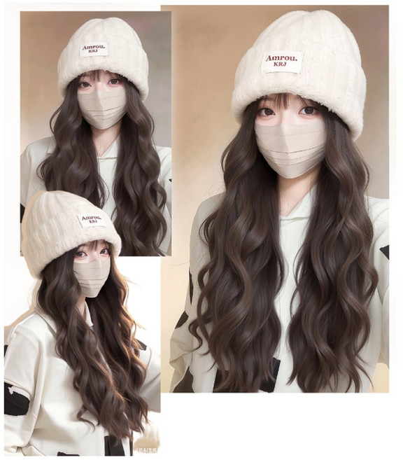 salimm 얼굴작아보이는 내추럴 웨이브펌 일체형 니트 비니 모자 가발, 1개, 브라운블랙