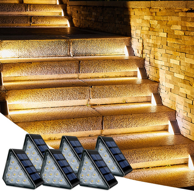 ZOZOFO 태양광 가로등 led 조명 방수 트라이앵글 계단 벽부등 태양열 야외 잔디등 6p, 검은색