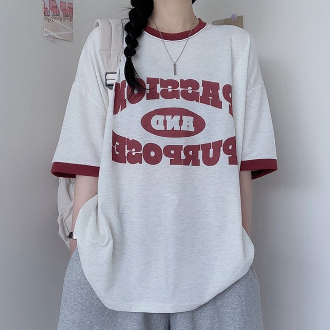 여름꾸안꾸 패션 배색 레터링 오버핏 반팔 빅사이즈 박스티