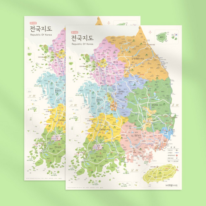 나우맵 전국지도 1+1 A3 무광코팅-우리나라지도 휴대용 미니 데코맵, 1개