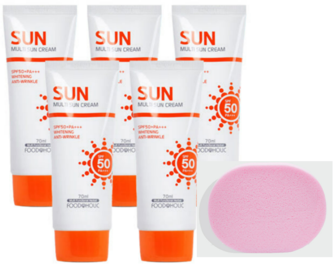 푸드어홀릭 멀티 선크림 70ml SPF50/PA+++ 5개+ 사은품( 해면 세안 스펀지1개 색상랜덤), 5개