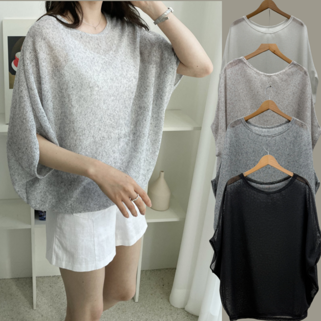 LionHu [국내제작] 여성 여름 루즈핏 가오리 니트 반팔티 항아리핏 시스루 티셔츠 데일리