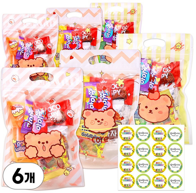 한봄 어린이집 답례품 간식꾸러미 간식 구디백 생일답례품, 간식 6봉 + 라벨스티커 16p, 1세트
