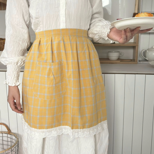 마린도트 체크 허리앞치마 카페앞치마 레이스 주방앞치마, 1개, 머스타드체크