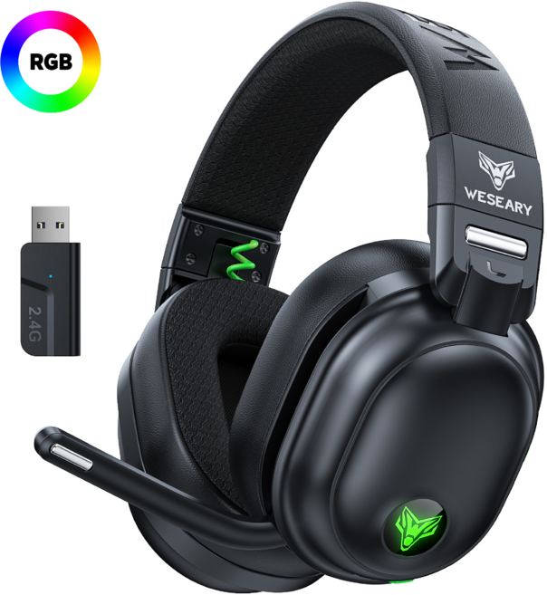 WESEARY 무선 게이밍 헤드셋 2.4GHz 저지연 가상 7.1채널 3D 사운드 RGB 노이즈 캔슬링 마이크 WG3, 올블랙, 프로