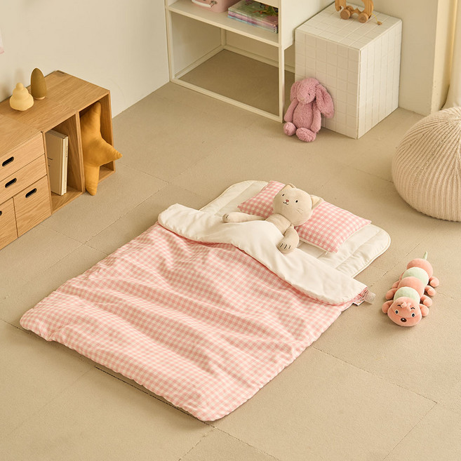무럭무럭 도톰 포근 체크 낮잠이불 풀세트, 몽실핑크