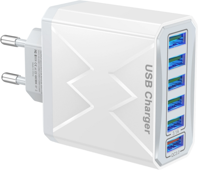 65W 6포트 USB 고속 충전기 iPhone 삼성 호환, 1개, 흰색