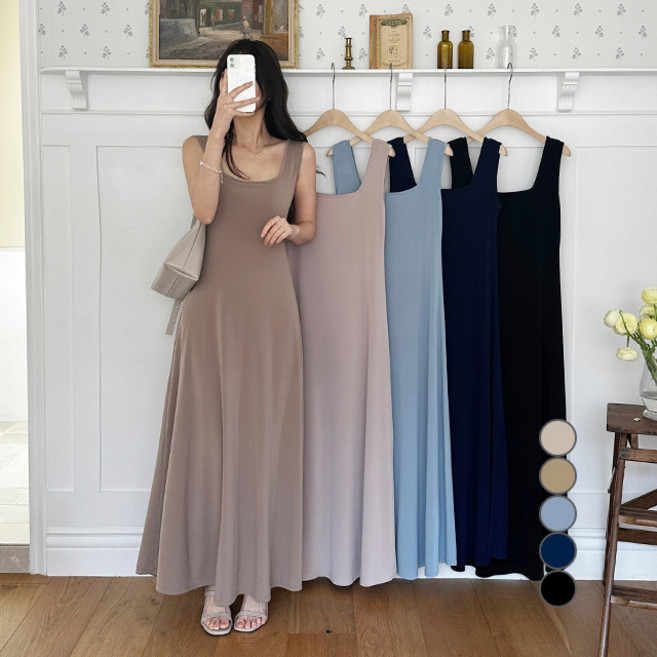 라운지무드 여름결 쿨링 스퀘어넥 슬리브리스 A라인 롱 원피스 (롱기장)