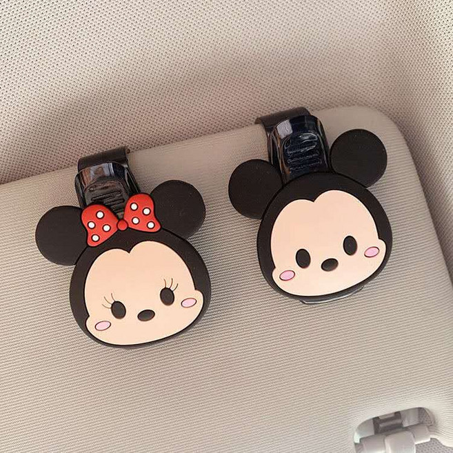 캐릭터 커플 1+1 세트 자동차 선바이저 선글라스 클립 차량용 홀더 안경 걸이 카드 보관 거치대 케이스, 1세트, 큐티미키미니