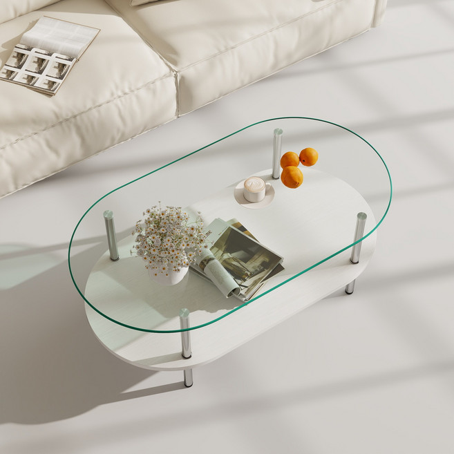 거실 인테리어 티테이블 예쁜거실 테이블 타원형 테이블, 투명+화이트1000