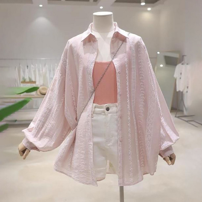 ROYALBELLE 여성 텐셀 코튼 루즈핏 긴팔 자외선차단 캐주얼 자수 가벼운 셔츠 K082214