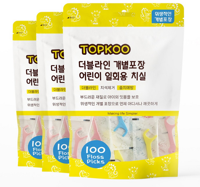 탑쿠 더블라인 개별포장 어린이 일회용 치실, 3개, 100개입