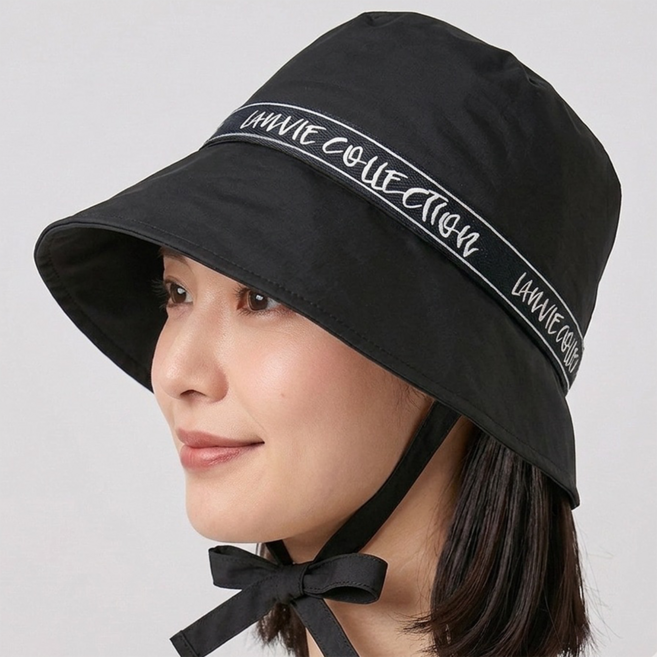 여성용 골프모자 턱끈 벙거지 레터링 버킷햇, 블랙, 1개