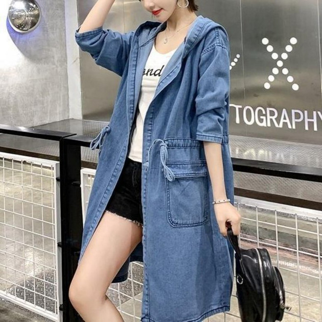 PEROLA 여성 데님 코트 봄 가을 빅사이즈 긴팔 하프 후드 루즈핏 캐주얼 바람막이 방풍 보온 트렌치 재킷(M~4XL)