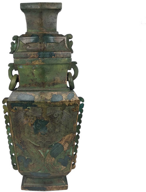 博古珍藏 漢代和闐碧玉鎏金雕鳳紋雙耳帶蓋玉瓶 2公斤 老件文物 早期收藏, 1個