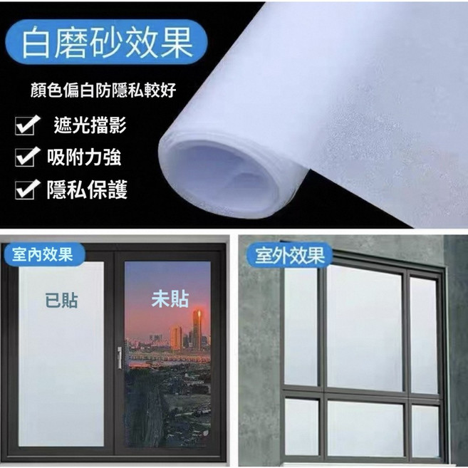 隱私玻璃貼紙：隔熱防曬、霧面透光、窗戶門板適用, 加厚免胶静电白磨砂,80cm寬*300cm, 白磨砂